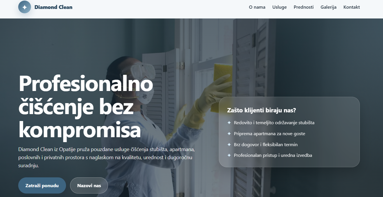 Diamond Clean web koncept za obrt za čišćenje